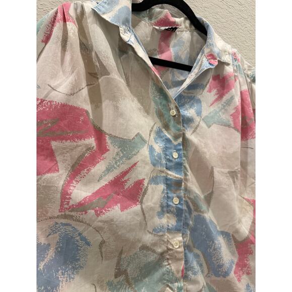 Vintage RRRRRuss Blouse Pastel Pink Blue White Short Sleeve Button USA M - Picture 4 of 6